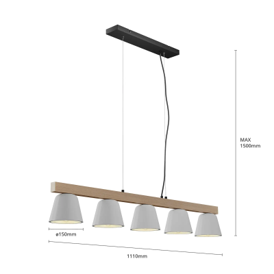 Lucande Kalinda pakabinamas šviestuvas, betonas, medis, 5 lempučių.