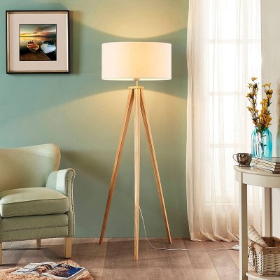 Mya three-legged wooden floor lamp with white shade