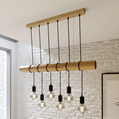 Eviton wooden hanging lamp, six bulbs, natural