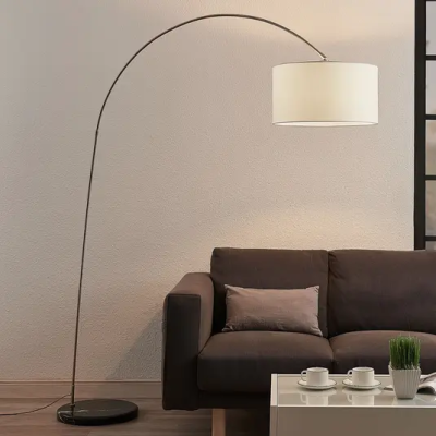 Lindby Belinda arc floor lamp, white fabric shade