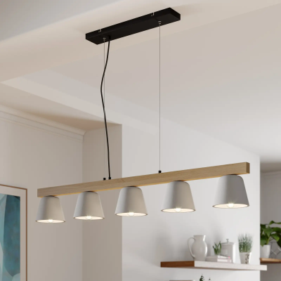 Lucande Kalinda pendant lamp, concrete, wood, 5 bulbs.