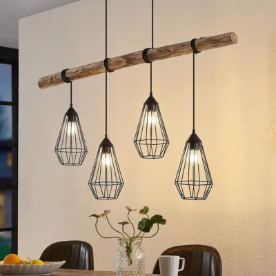 Lindby Eldarion pendant lamp with wooden beams, 4 bulbs.